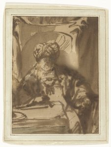 Der Schauspieler Willem Bartholsz Ruyter als König Ahasverus auf seinem Thron von Rembrandt van Rijn