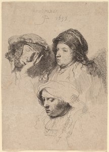 Drei Frauenköpfe, eine schläft von Rembrandt van Rijn
