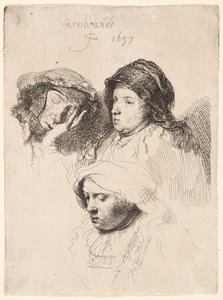 Drei Frauenköpfe, eine schläft von Rembrandt van Rijn