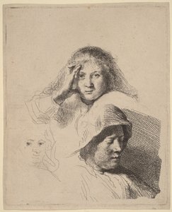 Drei Frauenköpfe, einer leicht radiert von Rembrandt van Rijn