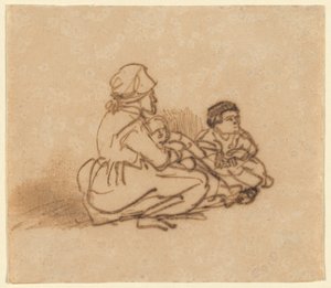 Frau sitzt auf dem Boden mit zwei Kindern