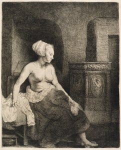 Frau sitzt halb angezogen neben einem Ofen, 1658 von Rembrandt van Rijn