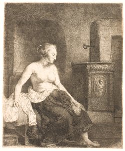 Frau, halb angezogen, neben einem Ofen sitzend von Rembrandt van Rijn