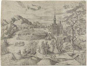 Landschaft mit Gesellschaft, die in ein Boot steigt von Remigius Hogenberg