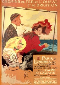 Werbeplakat von Rene Pean für die West- und Brighton-Eisenbahngesellschaft für die Paris-London-Linie über Rouen, Dieppe und Newhaven, Ende des 19. Jahrhunderts von Rene Pean