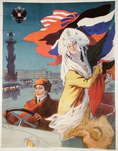 Paar in einem Auto in St. Petersburg, Plakat, das ein französisches Auto für den russischen Markt bewirbt, ca. 1912