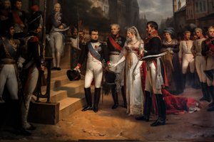 Napoleon empfängt die Königin von Preußen in Tilsit von Rene Theodore Berthon