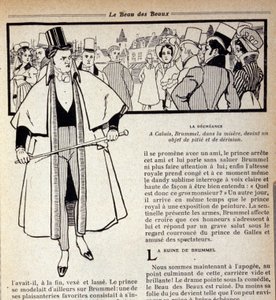Darstellung von George Bryan Brummel (1778 - 1840), dem König der Dandies, der im Exil in Calais ist. Illustration von René Vincent. 19. Jahrhundert