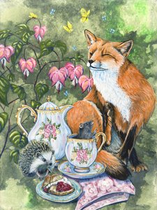 "Nachmittagstee" Fuchs, Igel und Maus mit Tränenden Herzblumen von Renee Machan