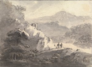 Landschaft mit zwei Figuren auf einer Straße