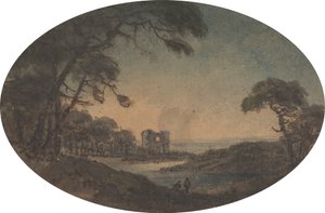 Landschaft mit zwei Männern und einer Burgruine am Flussufer