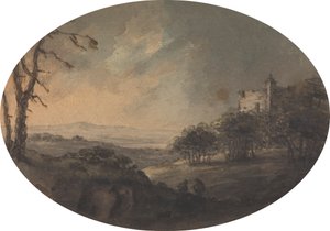 Landschaft mit zwei Männern auf einem Hügel und einer Burg in der Ferne