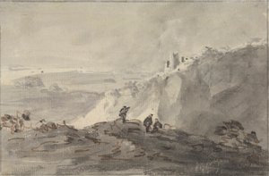 Drei Figuren in einer hügeligen Landschaft mit Ruinen, dahinter von Rev. William Gilpin
