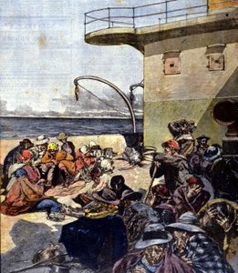 Italienische Auswanderung nach Kanada; die Reise an Bord der Lake Megantic erfolgte unter ziemlich schwierigen Bedingungen. Ill. von R. Pellegrini. La Domenica del corriere. 02/06/1901. von Riccardo Pellegrini