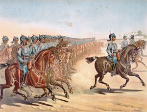 Die 3. Madras-Leichte-Kavallerie, Revue-Ordnung, anglo-indische Armee der 1880er Jahre (Farblithografie)
