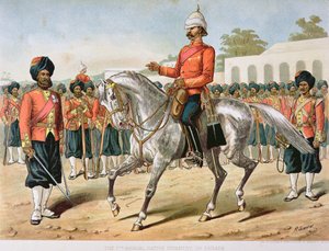 Die 7. Bengalische Infanterie auf Parade, die anglo-indische Armee der 1880er Jahre (Farblithografie)
