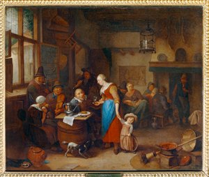 Trinker und Musiker in einer Taverne, mit einem Baby in der Wiege