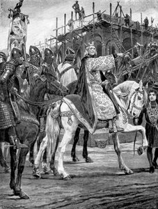 Eduard der Bekenner beobachtet den Bau der Westminster Abbey, ca. 1050, ca. 1920 von Richard Caton II Woodville