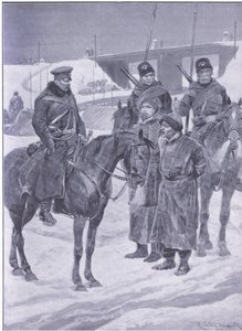 Verhaftung japanischer Spione, die als Kulis entdeckt wurden, Illustration aus Cassells Geschichte des Russisch-Japanischen Krieges Band 1, ca. 1900 von Richard Caton Woodville