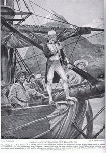 Kapitän Cook nähert sich Neuseeland, Illustration aus 
