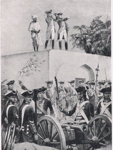 Schlacht von Plessey, 23. Juni 1757: Clive auf dem Dach der Jagdhütte von Nawab Surat-ud-Daula, Illustration aus Britische Schlachten zu Land und zu Wasser, 1915