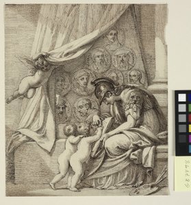 Der Genius der Malerei. Minerva unterrichtet Putti in der Kunst der Malerei. Entwurf für Pierre Condés Radierung, Denkmal für Robert Udney Esq.