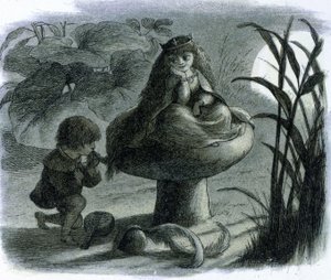 Eine Wasserfee sitzt auf einem Pilz und wird von einem Verehrer umworben. In "Monde des fees" von Richard Doyle von Richard Doyle