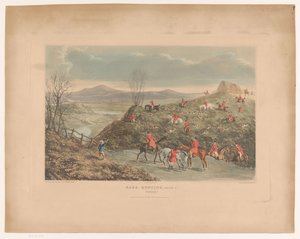 Hügelige Landschaft mit Jägern und Hunden auf Hasenjagd