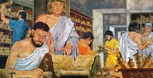 Gelehrte bei der Arbeit in der berühmten Bibliothek von Alexandria