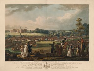 Die königliche Überprüfung im Hatfield Park der Freiwilligen Kavallerie und Infanterie, mit der Miliz des Landkreises Herts, am 13. Juni 1800, graviert von Joseph C. Stadler