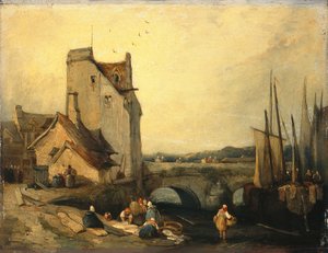 Ansicht in der Bretagne: Brücke, Hütten und Wäscherin von Richard Parkes (attr. to) Bonington