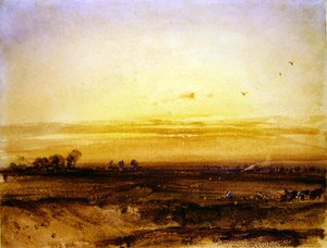 Landschaft mit Erntearbeitern bei Sonnenuntergang