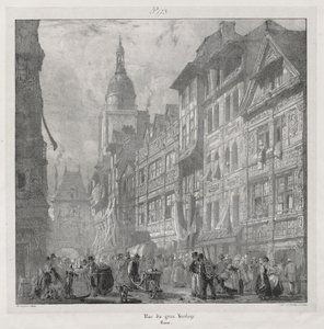 Malerische und romantische Reisen im alten Frankreich, Normandie: Rue du Gros Horloge, Rouen von Richard Parkes Bonington
