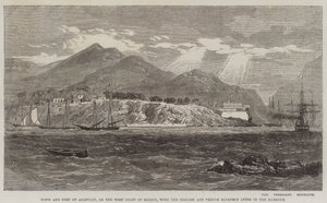 Stadt und Festung von Acapulco an der Westküste Mexikos, mit der englischen und französischen Flotte im Hafen von Richard Principal Leitch