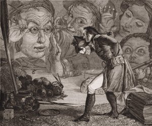 Jonathan Swifts Gulliver-Reisen. Gulliver wird auf einem Tisch zur Bewunderung der Bewohner von Brobdingnag ausgestellt. Redgrave-Gravur von Richard Redgrave
