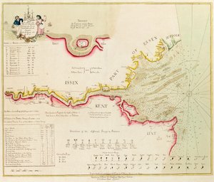 Karte des Flusses Themse von London bis zur Nore, Margate und den Downs, Nord-, Mittel- und Südkanäle, aus einer Vermessung von 1789 und 90