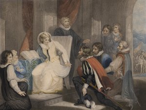 Königin Elisabeth I. erhält die Nachricht vom Tod ihrer Schwester Königin Maria (Farbaquatinta)