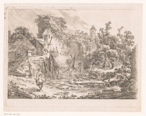 Landschaft mit Hütte und Fischernetzen auf Stangen