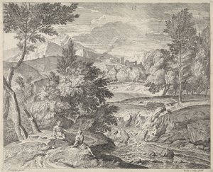 Arkadische Landschaft mit zwei Figuren bei einem Wasserfall