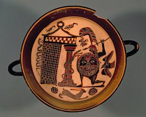 Lakonsche schwarzfigurige Tasse, die einen Krieger zeigt, der eine Schlange angreift, 6. Jahrhundert v. Chr.