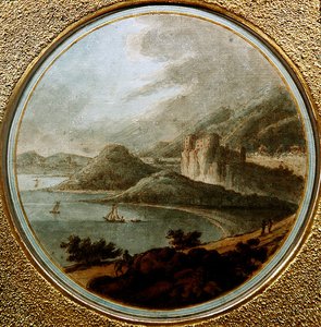 Schloss über einer Meeresbucht mit Schiffen, um 1775 von Robert (attr. to) Adam