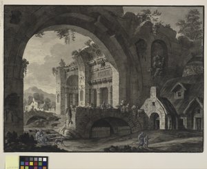 Architektonische Fantasie mit Ruinen eines antiken Bades und Hütten