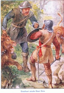 Großherz greift Riesen Grim an, aus The Pilgrims Progress, veröffentlicht von John F Shaw & Co, um 1900