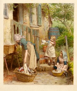 Mutter und Kinder hängen die Wäsche auf, veröffentlicht 1854