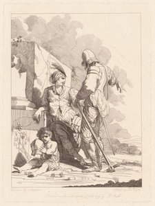 Zwei Soldaten und ein Kind, das einen Helm hält von Robert Blyth, after John Hamilton Mortimer