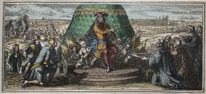 Der Bau der Invaliden in 1670 - Allegorie der Gründung des Hôtel des Invalides - Ludwig XIV. zeigt seinen alten verstümmelten Soldaten das im Bau befindliche Hôtel des Invalides - Gravur von Robert Bonnart (1652-1729). von Robert Bonnard