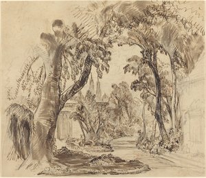Ein von Bäumen gesäumter Gartenweg (Vorstudie für "Dornröschen und das Biest"?) von Robert Caney