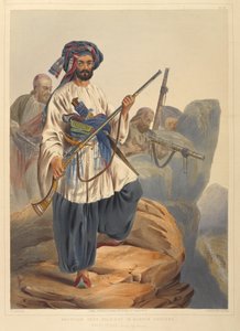 Ko-i-Staun Fußsoldaten in Sommerkleidung, aktiv zwischen den Felsen (Farblithographie)