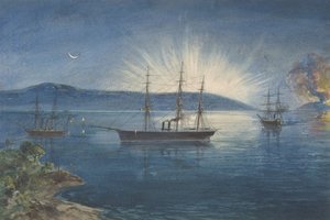 Die Bucht von Bull Arms, Trinity Bay, Neufundland, Lagerfeuer auf den Hügeln zur Benachrichtigung..., 1865-66 von Robert Charles Dudley