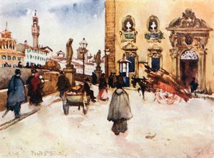 Der Frescobaldi-Palast mit der Ponte Santa Trinita und dem Turm des Palazzo Vecchio